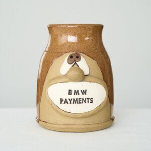 Vintage Ugly Face Pottery Mug BMW PAYMENTS Stoneware Cup Jar 3D Long Nubby Nose
